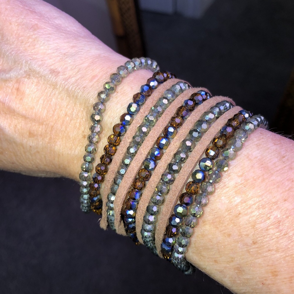 Leather & Crystal Cuff Wide Bracelet Brown Leather Green AB Crystal Multi Strand - Picture 6 of 12